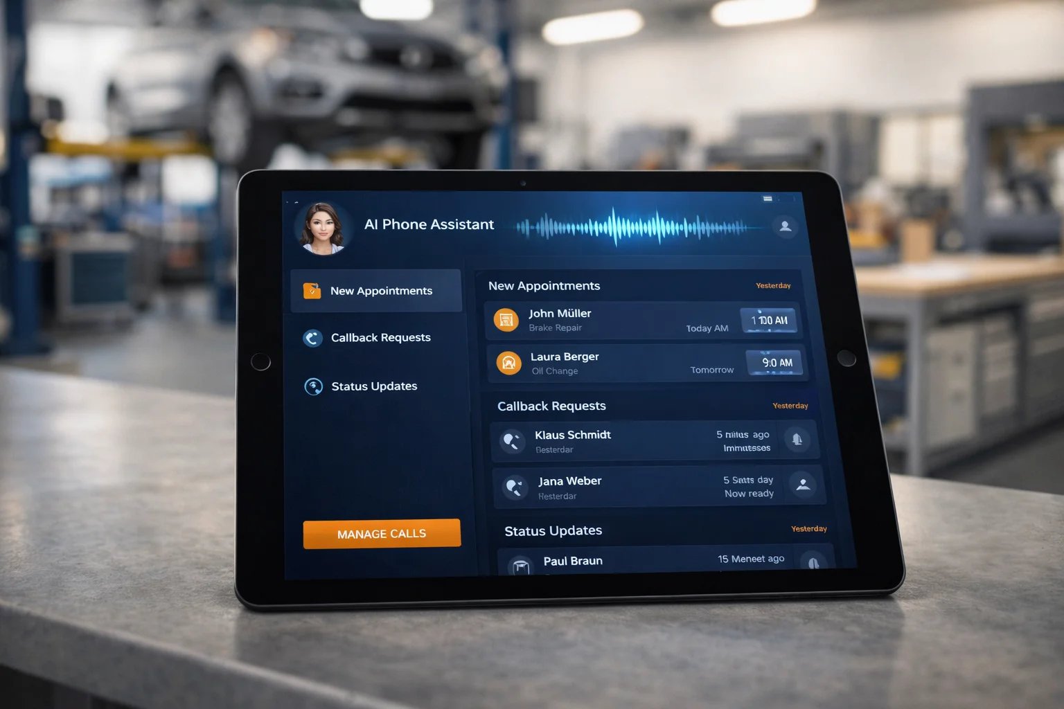 KI-Voicebot Dashboard für Werkstätten mit Terminvergabe und Rückrufanfragen